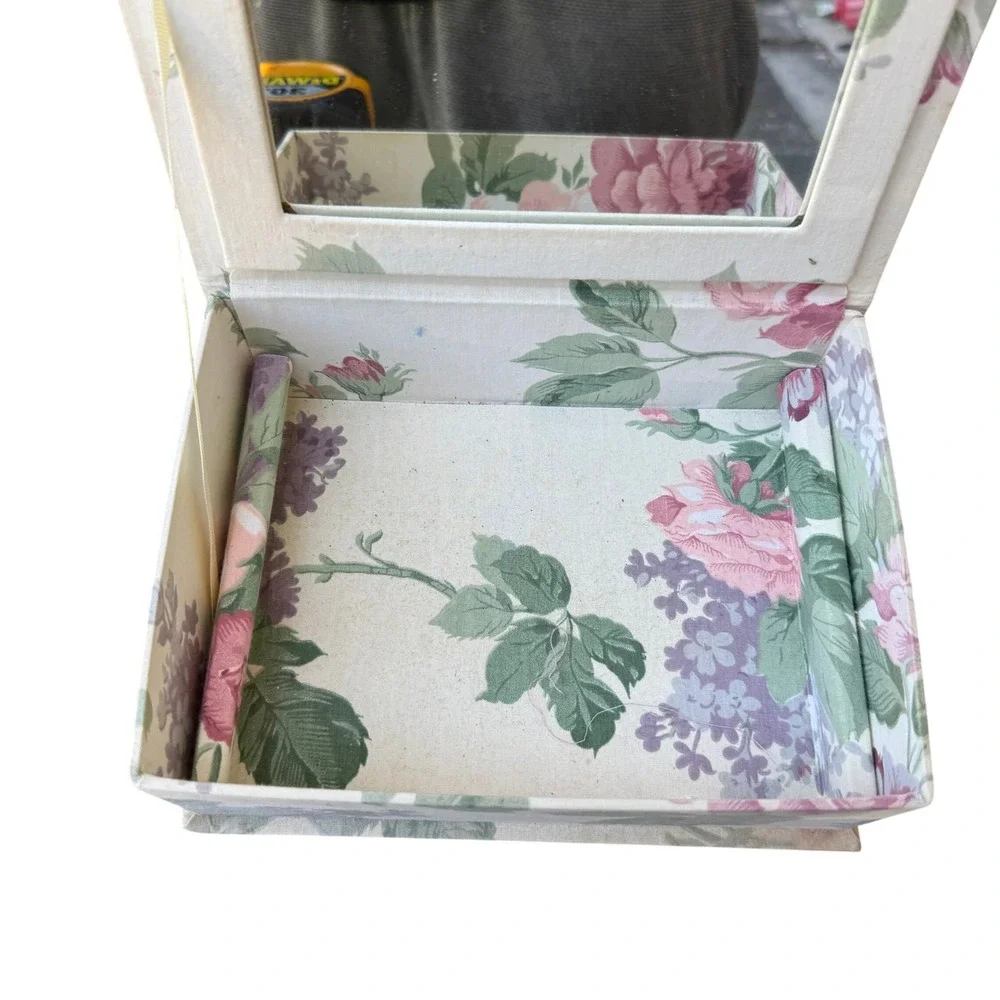 Vintage 90s Floral Fabric Jewelry Box Mirror Organizer‎ Cottagecore Shabby USA